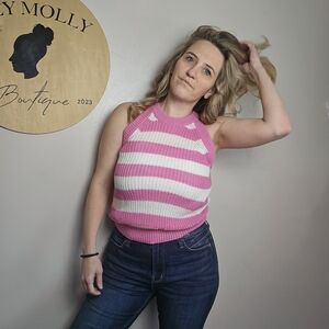 Striped Pink & White Knit Halter Tank Top